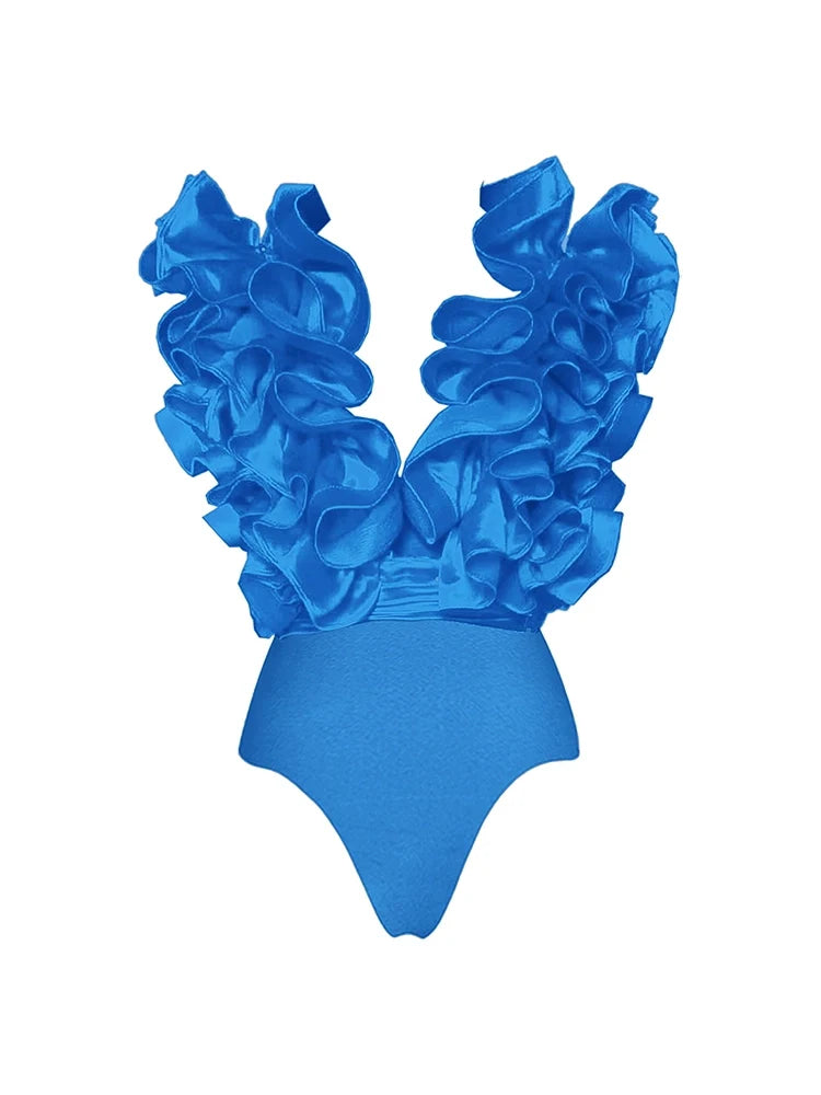 Lace V-Neck Blue Swimsuit