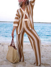 Ensemble chemise ample à rayures et col en V ajouré à la mode avec pantalon à jambes larges