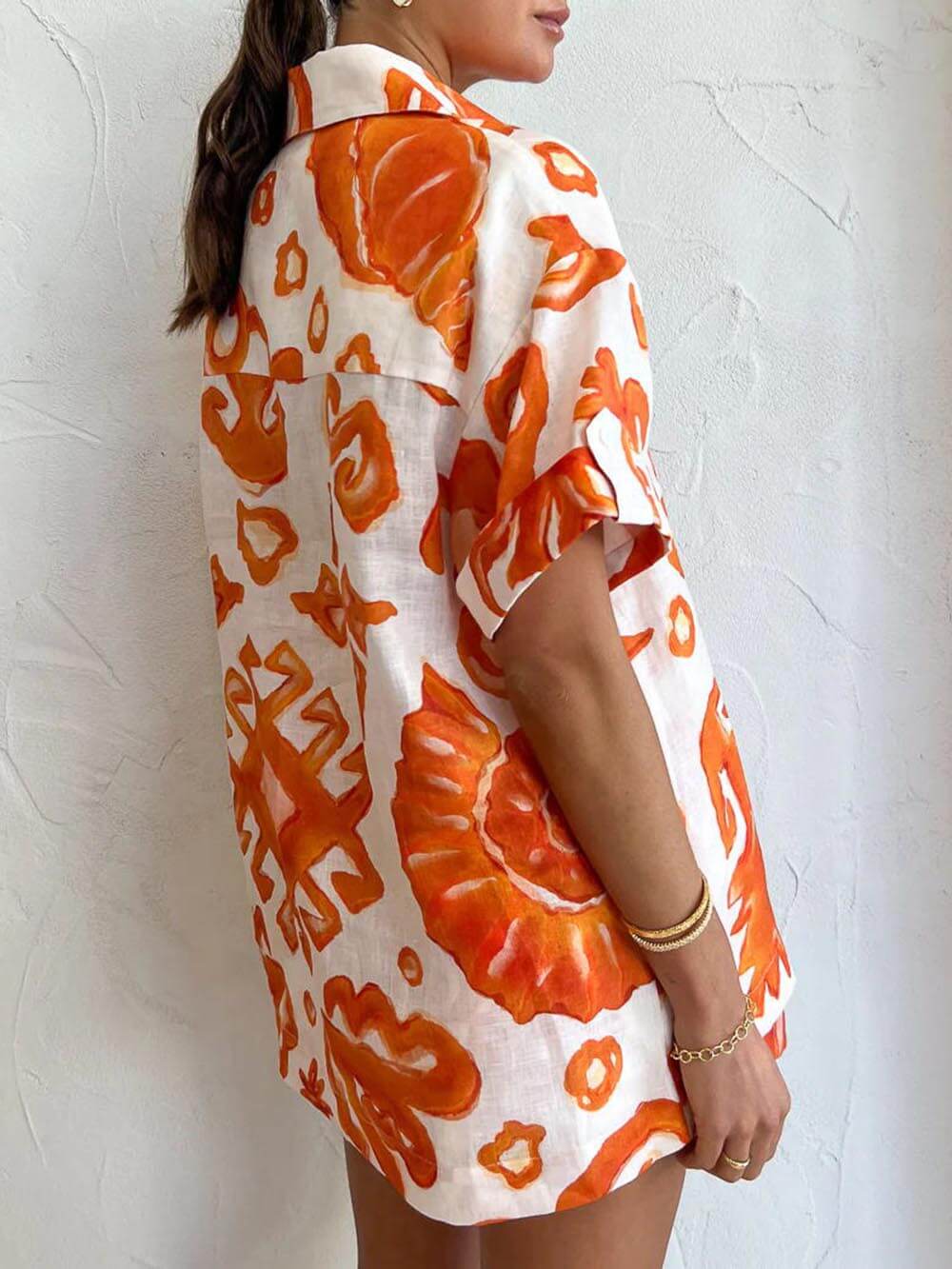 Conjunto de Camisa Solta com Lapela e Calções Estampados Únicos