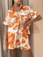Conjunto de Camisa Solta com Lapela e Calções Estampados Únicos