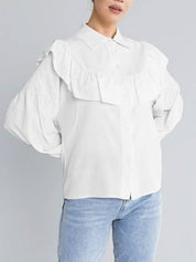 Chemise à volants pour femme, couleur unie, slim, pour le bureau