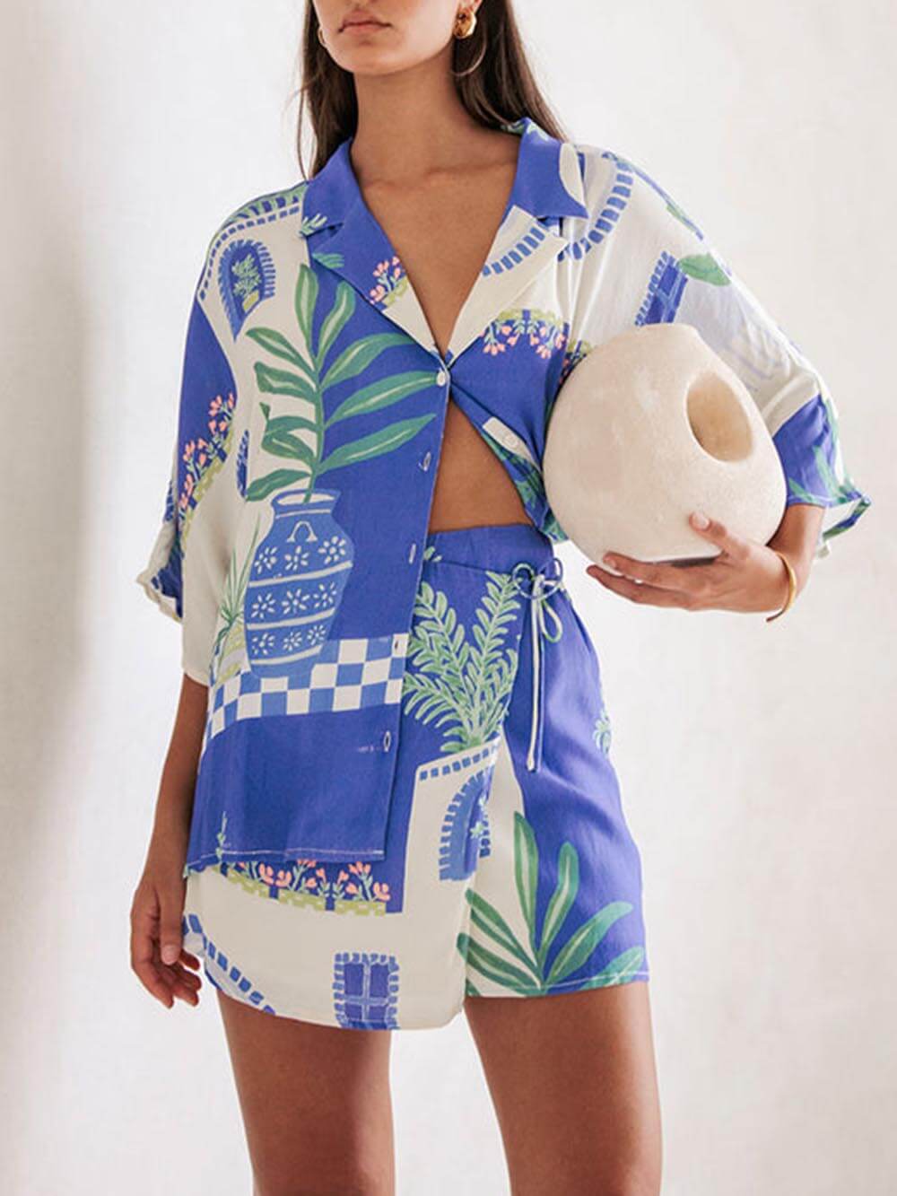 Ensemble chemise ample à imprimé unique et jupe portefeuille à lacets à taille élastique
