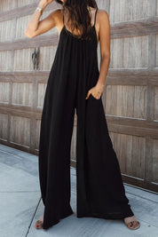 Combinaison longue oversize à bretelles spaghetti en patchwork uni, noire 
