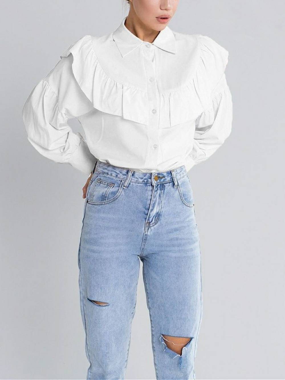 Chemise à volants pour femme, couleur unie, slim, pour le bureau