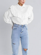 Chemise à volants pour femme, couleur unie, slim, pour le bureau
