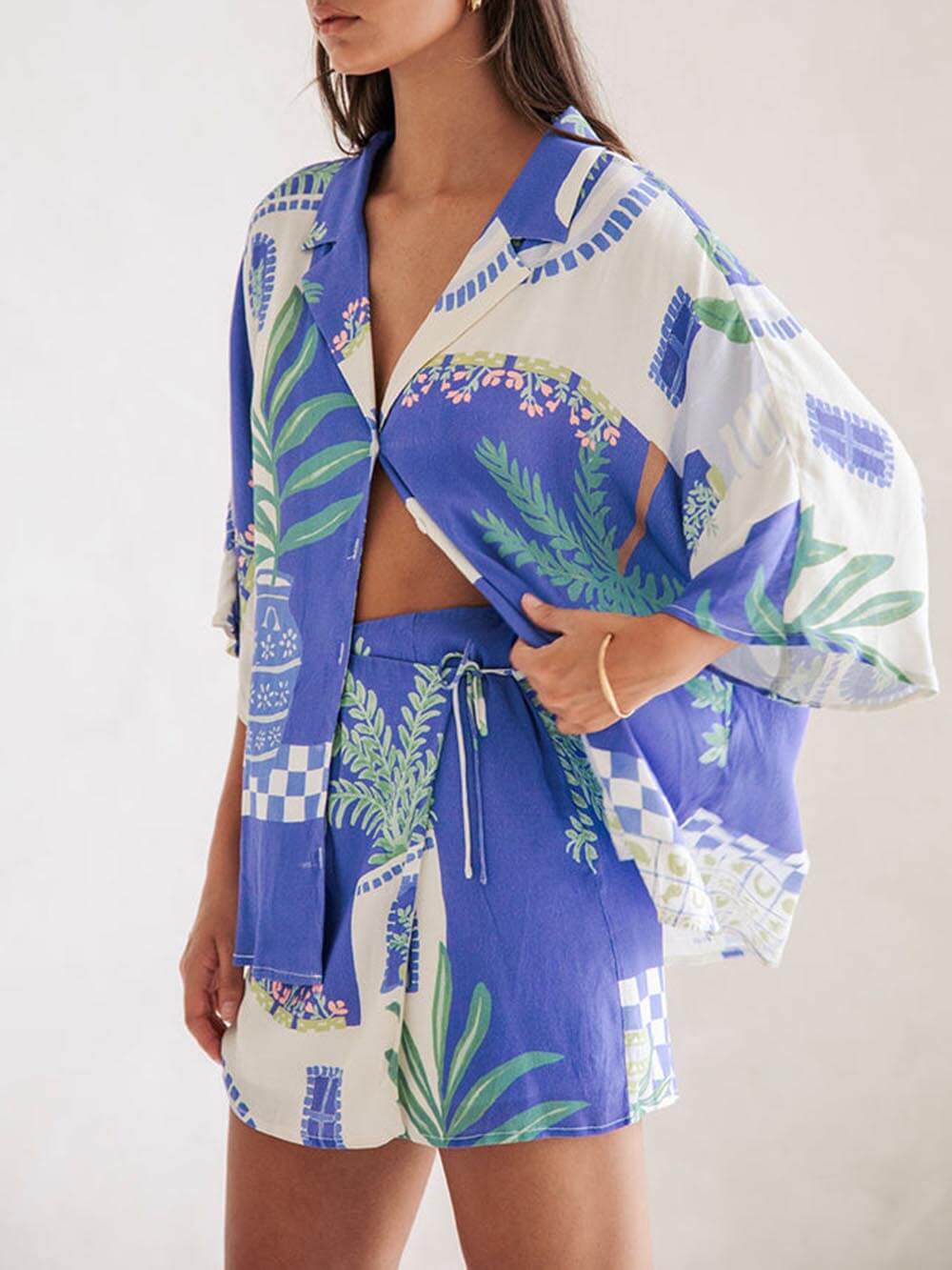 Ensemble chemise ample à imprimé unique et jupe portefeuille à lacets à taille élastique