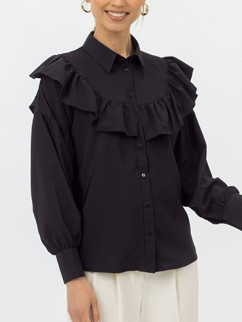 Chemise à volants pour femme, couleur unie, slim, pour le bureau