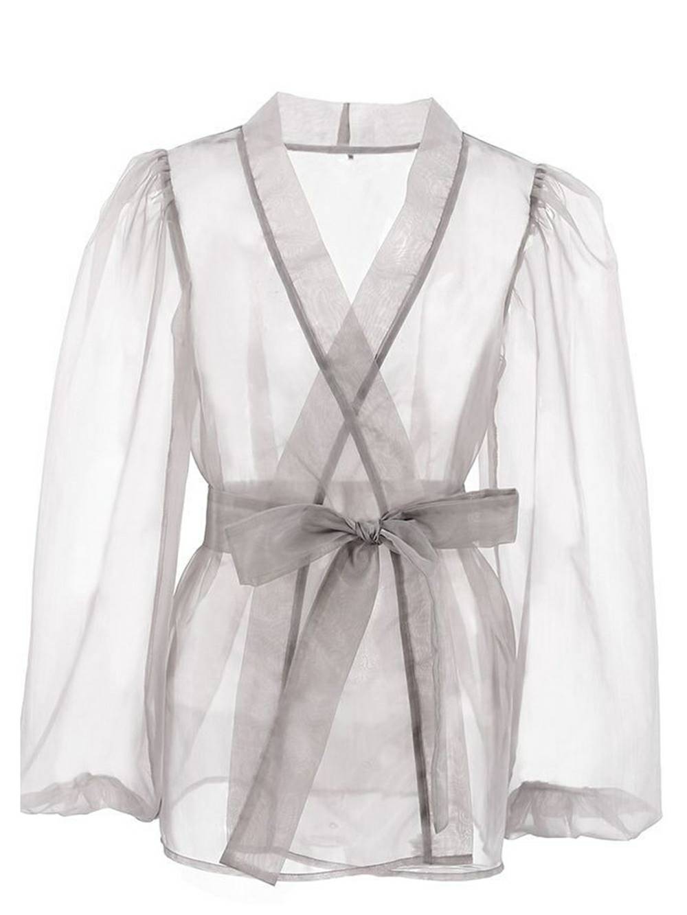 Chemisier sexy transparent à col en V et manches longues bouffantes avec nœud papillon