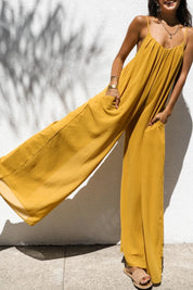 Combinaison longue oversize à bretelles spaghetti et patchwork uni, jaune 