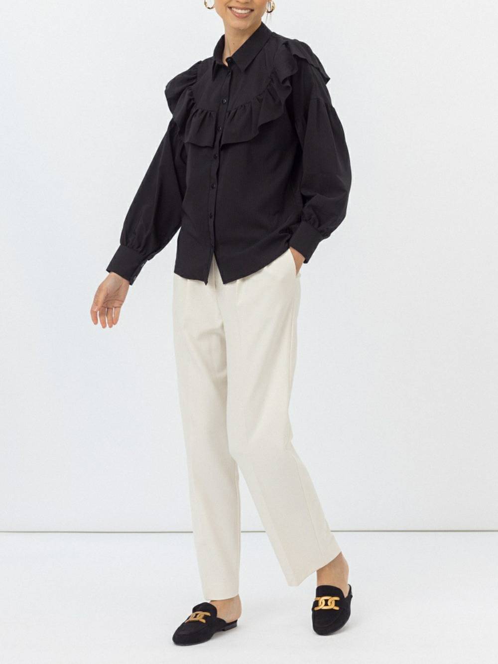 Chemise à volants pour femme, couleur unie, slim, pour le bureau