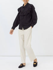 Chemise à volants pour femme, couleur unie, slim, pour le bureau