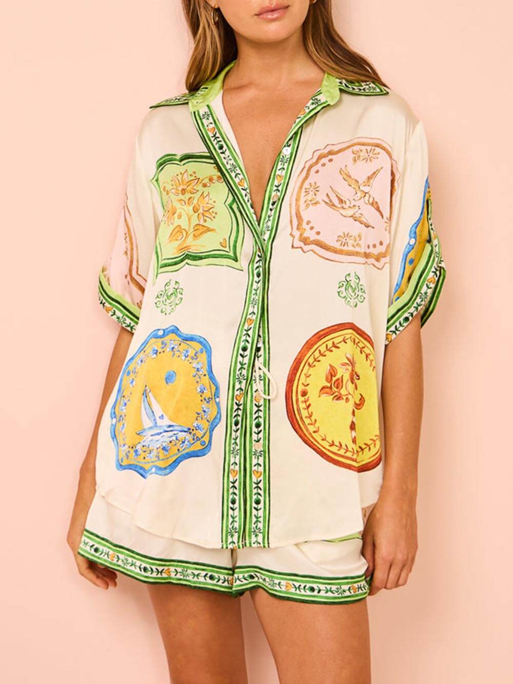 Ensemble chemise et short à imprimé ethnique unique crème