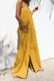 Combinaison longue oversize à bretelles spaghetti et patchwork uni, jaune 