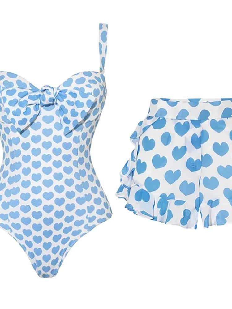 Printed One-Piece Shorts Swimsuit Set