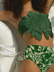Floral Accent Green Printed Bikini Set
