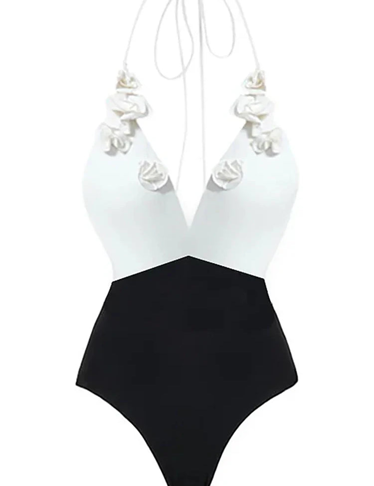 Halter Solid Color Floral Embellished Swimsuit