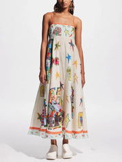 Vestido Maxi Longo com Estampa Única de Grafite e Suspensórios