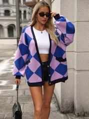 Cardigan lavorato a maglia largo con scollo a V e motivo patchwork a quadri diamantati