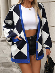 Cardigan lavorato a maglia largo con scollo a V e motivo patchwork a quadri diamantati