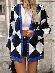 Cardigan lavorato a maglia largo con scollo a V e motivo patchwork a quadri diamantati