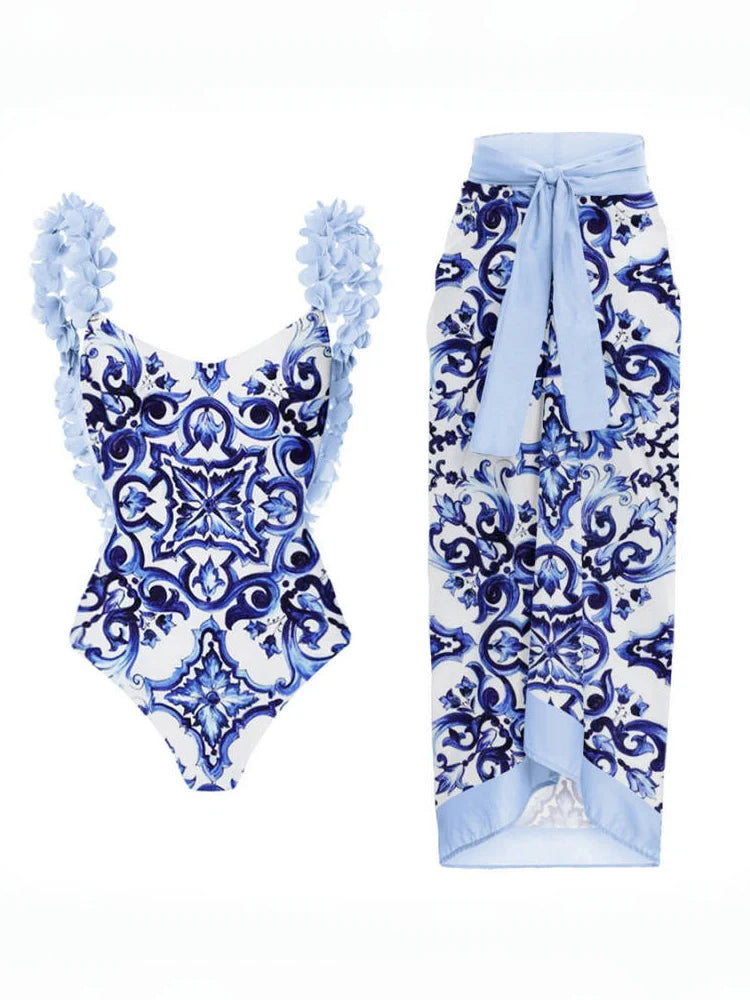 Blue One-Piece Bikini with Handmade Appliqué