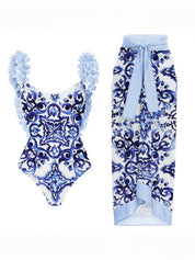 Blue One-Piece Bikini with Handmade Appliqué