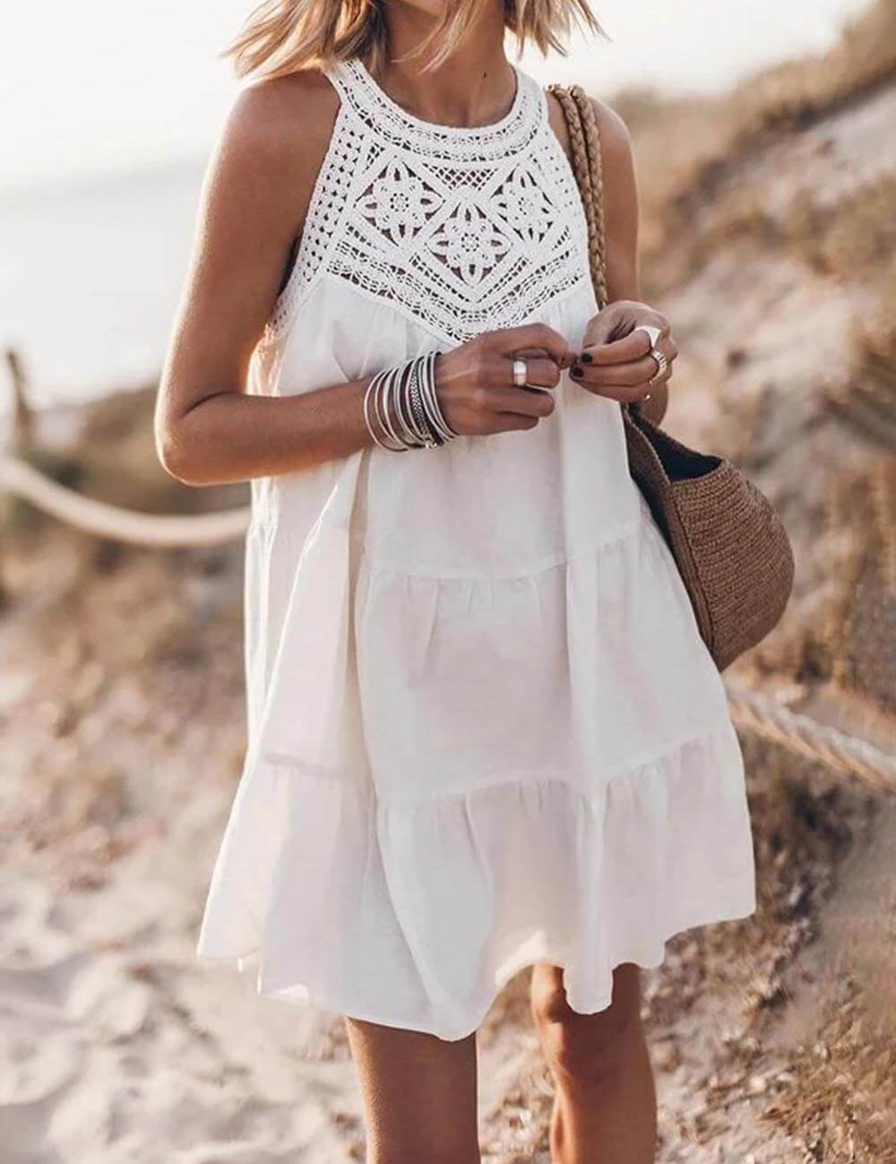 Hollow Lace Patchwork Halterneck A-Line Mini Dress