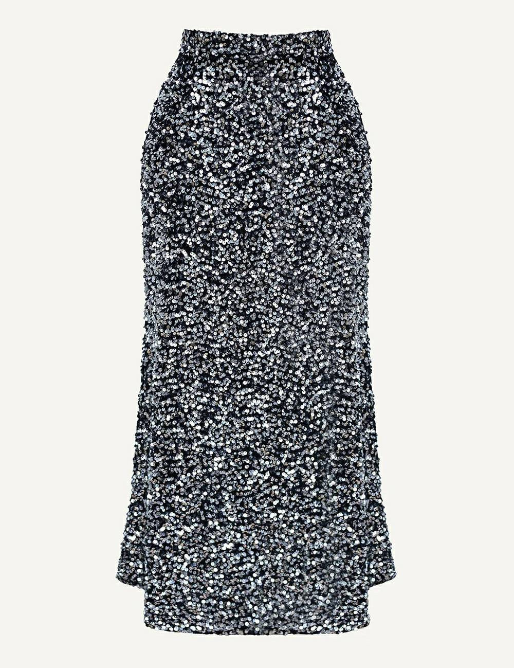 Sequin Decorated Velvet Skirt In Silver