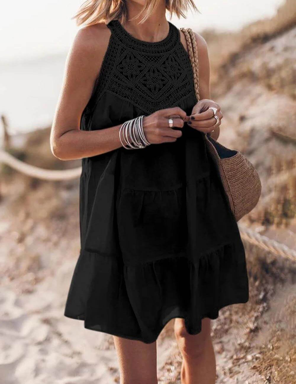 Hollow Lace Patchwork Halterneck A-Line Mini Dress