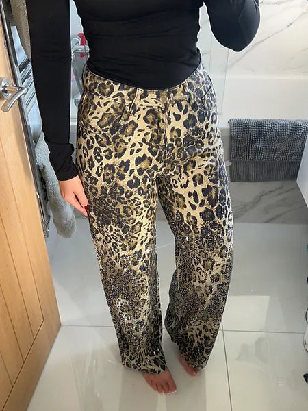 Calças de ganga evasé Leopard Diamanté