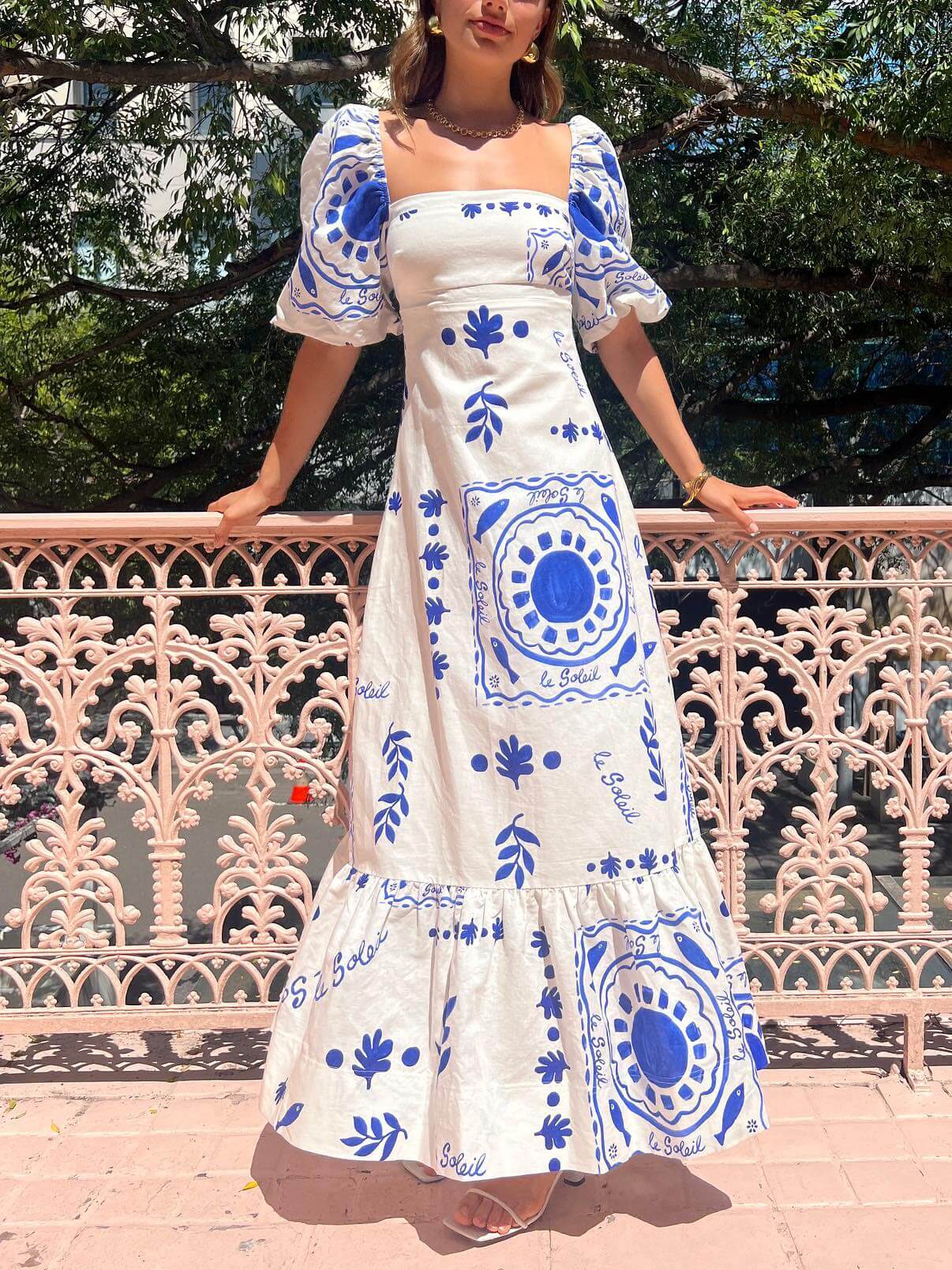 Vestido Midi de Manga Bufante para Férias