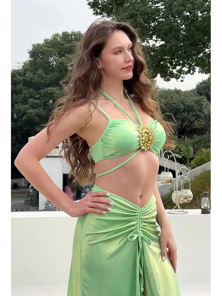 Mint Green Rhinestone Halter Bikini Set