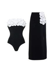 3D Floral Strapless Black Swimsuit