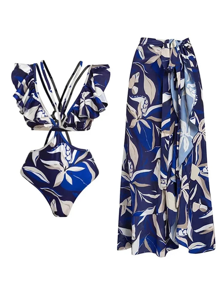 Off-Shoulder Tie-String Printed Cutout Monokini