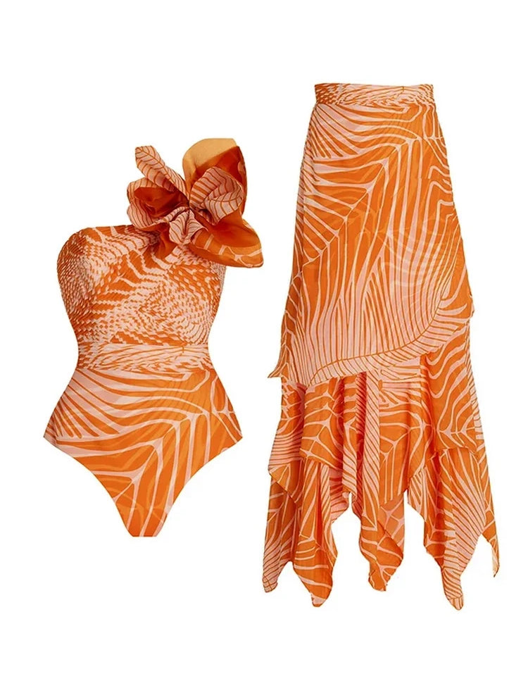 One-Shoulder Floral Salmon Print Swimsuit