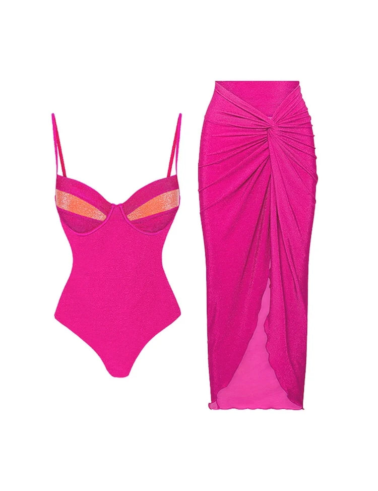 Neon Sexy One-Piece Swimsuit Set