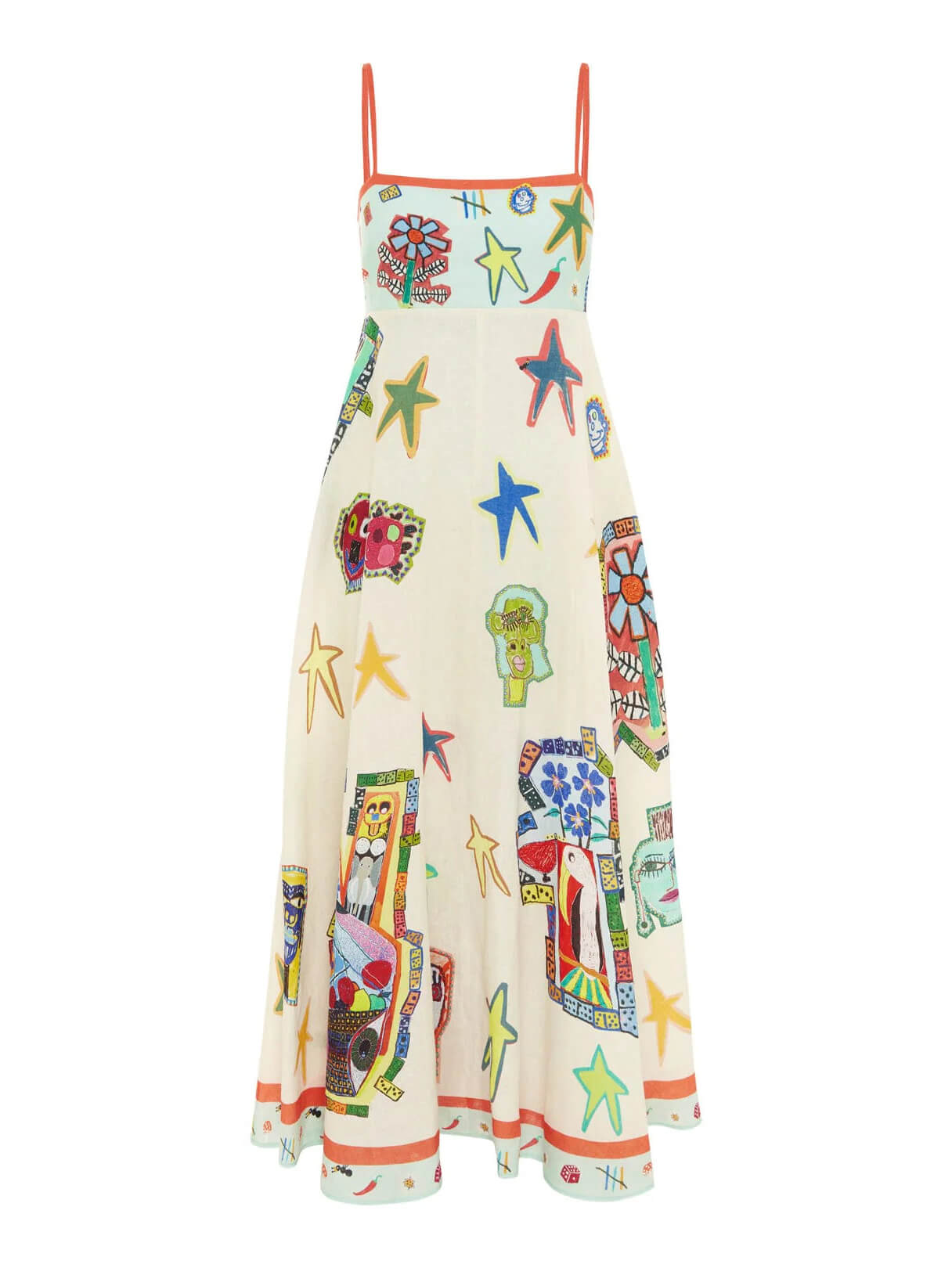 Vestido Maxi Longo com Estampa Única de Grafite e Suspensórios