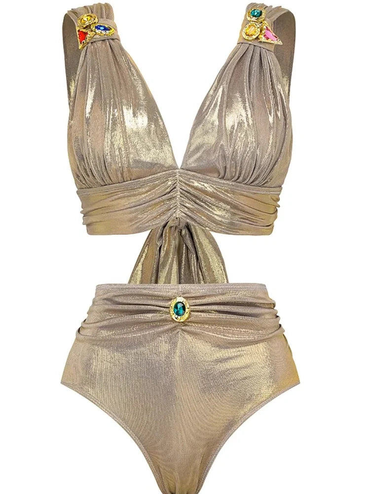 Rhinestone Ruched High-Waist Bikini Set