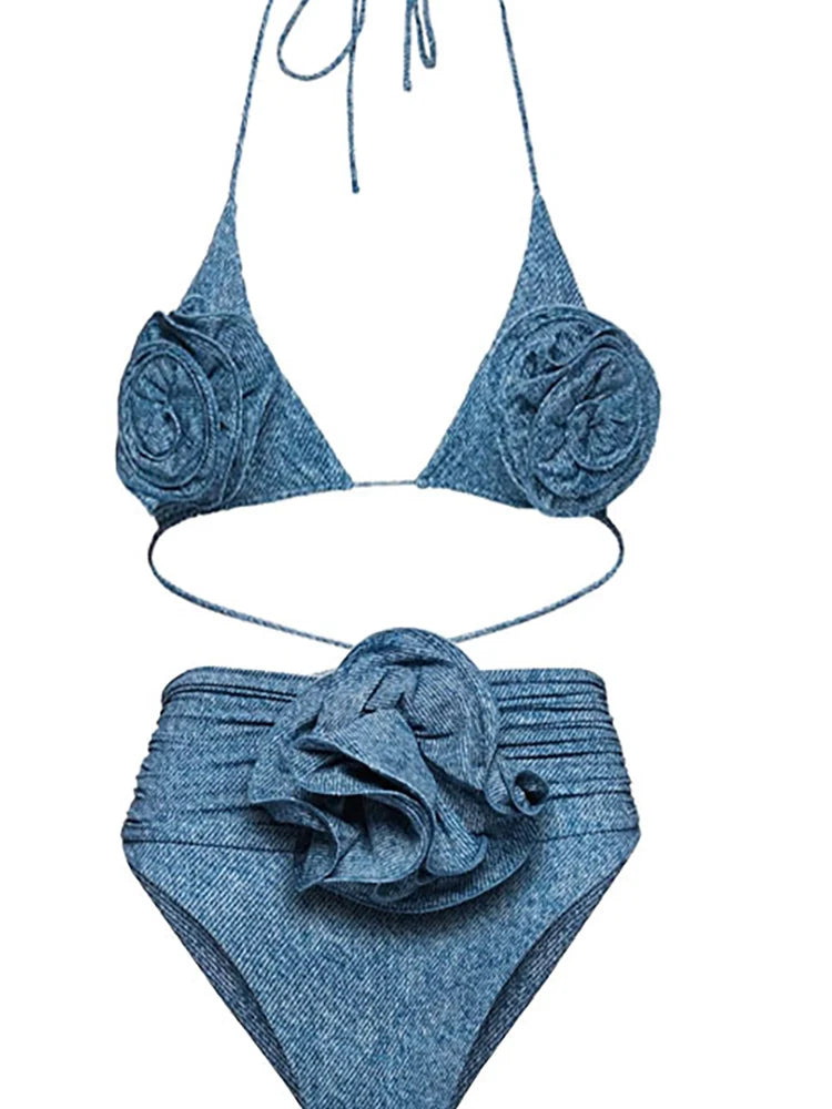 3D Floral Halter Sexy Bikini Set