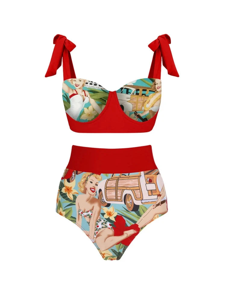 Tie-Front High-Waist Vintage Print Bikini Set