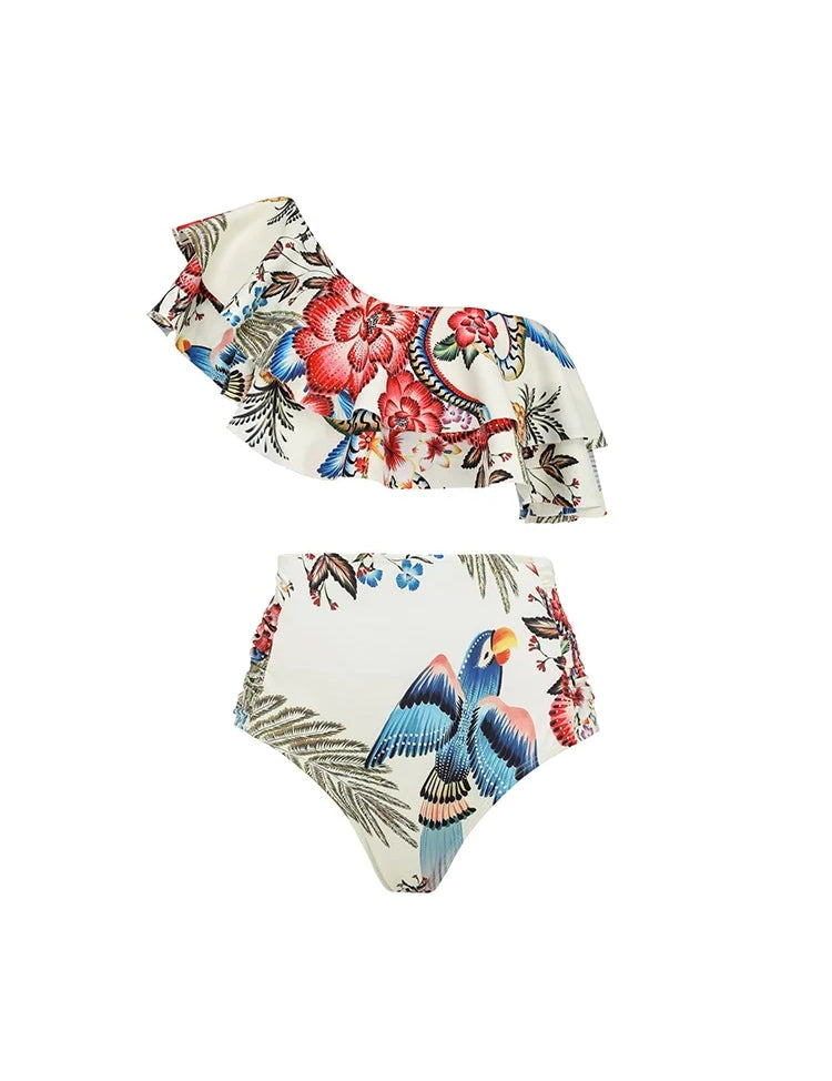 Tropical Toucan Ruffle One-Shoulder Bikini