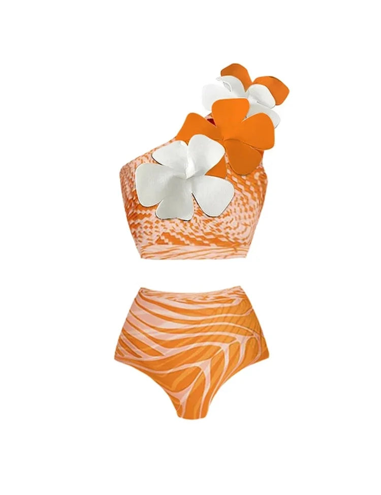 One-Shoulder Floral Salmon Print Bikini Set