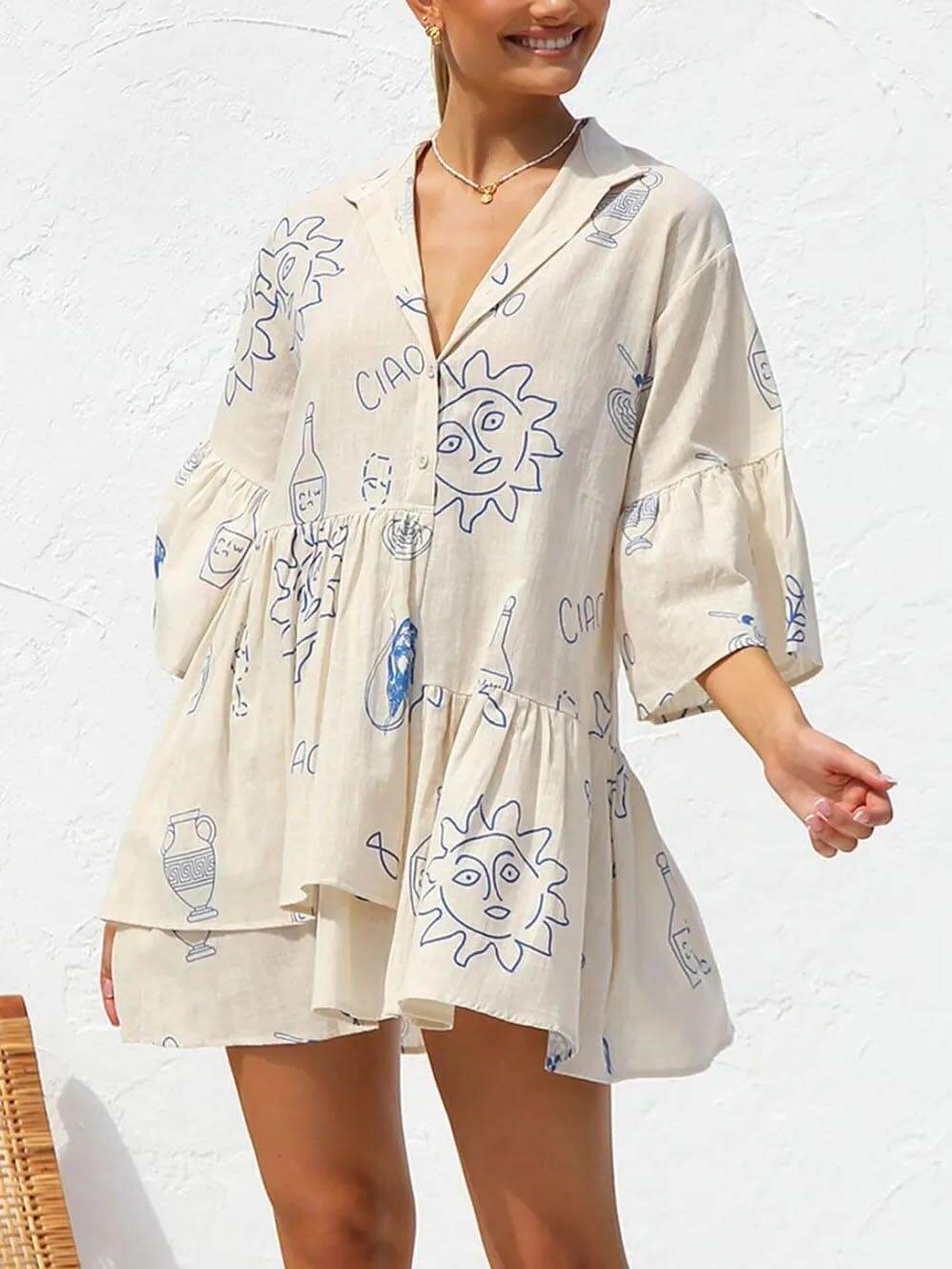 Vestido Curto Solto de Estilo Étnico