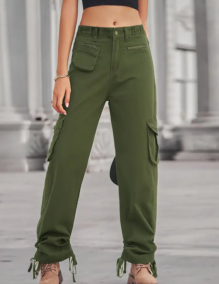 Casual Zipper Pocket Drawstring Denim Cargo Pants
