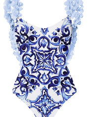 Blue One-Piece Bikini with Handmade Appliqué