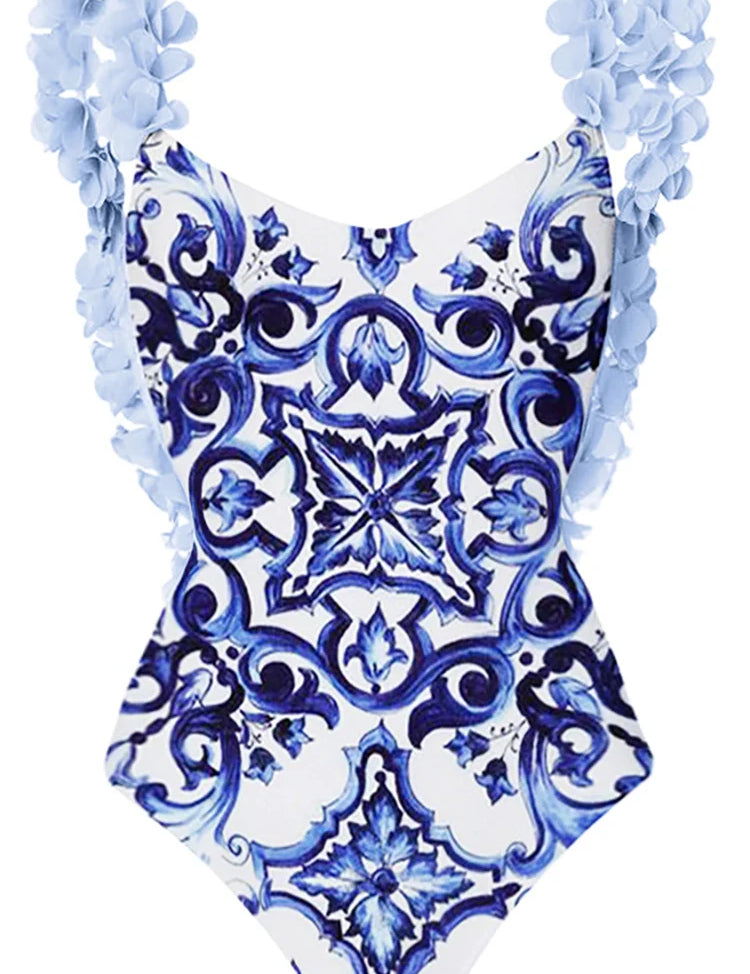 Blue One-Piece Bikini with Handmade Appliqué