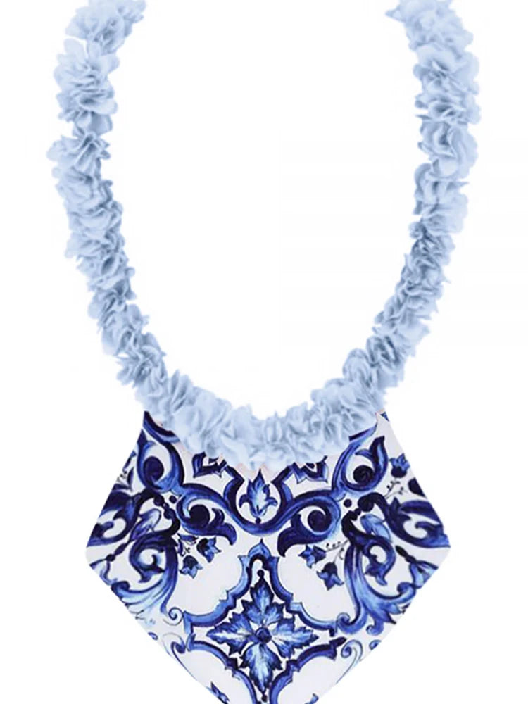 Blue One-Piece Bikini with Handmade Appliqué