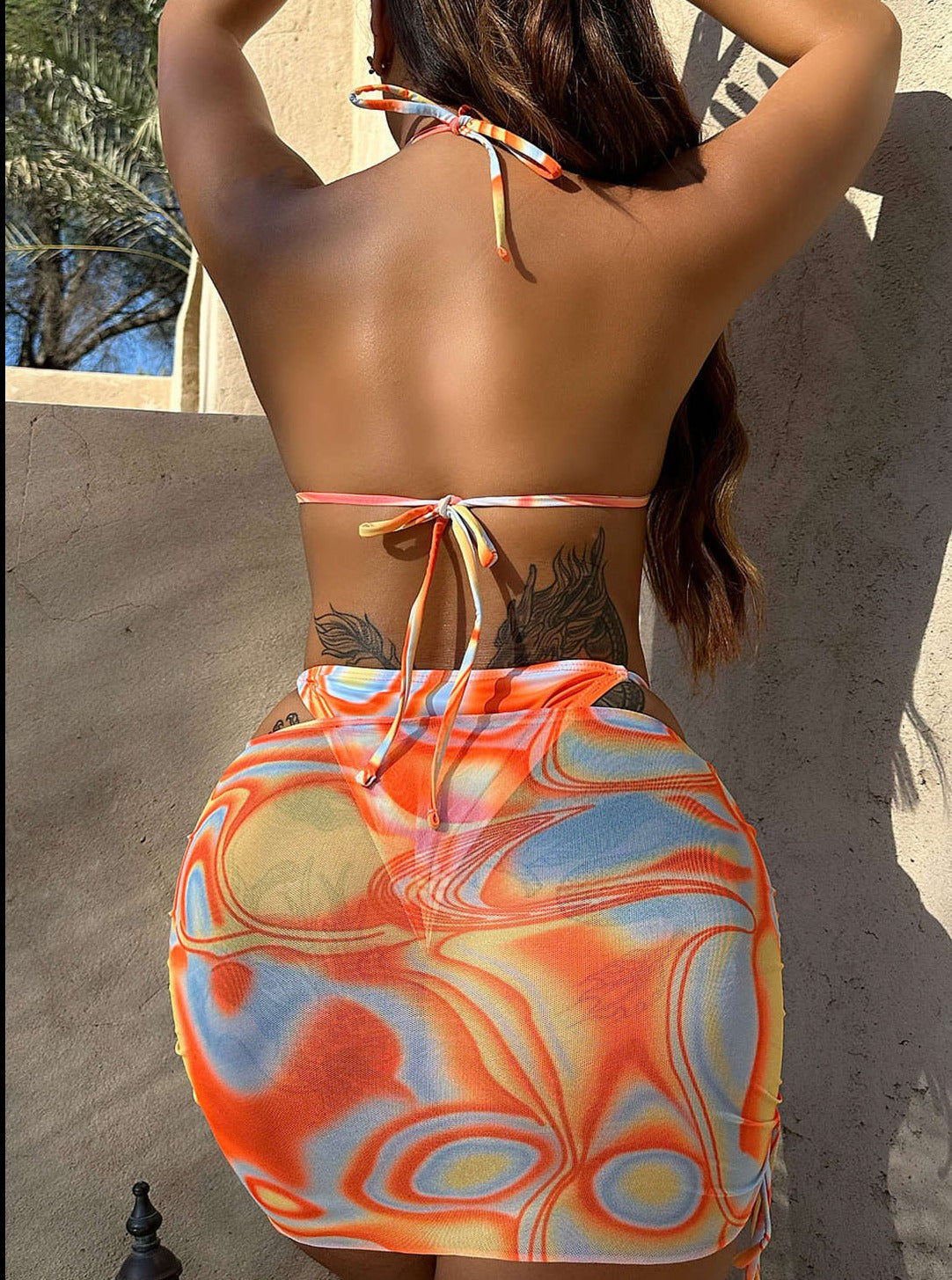 Ensemble bikini 3 pièces à imprimé abstrait avec haut halter