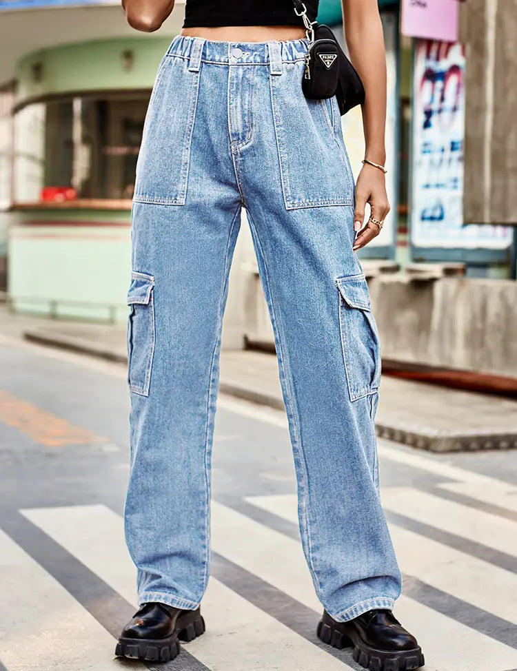 Retro Wash Elastic Waist Denim Utility Pants