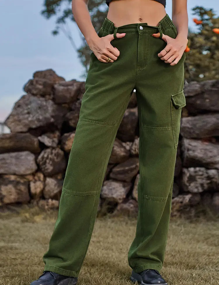 Elastic Waist Relaxed Fit Denim Cargo Pants